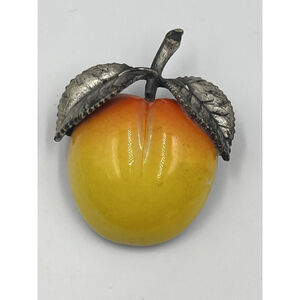 Vintage Enamel on Metal APPLE/FRUIT With Leaves 3D Brooch Pin SEE ALL